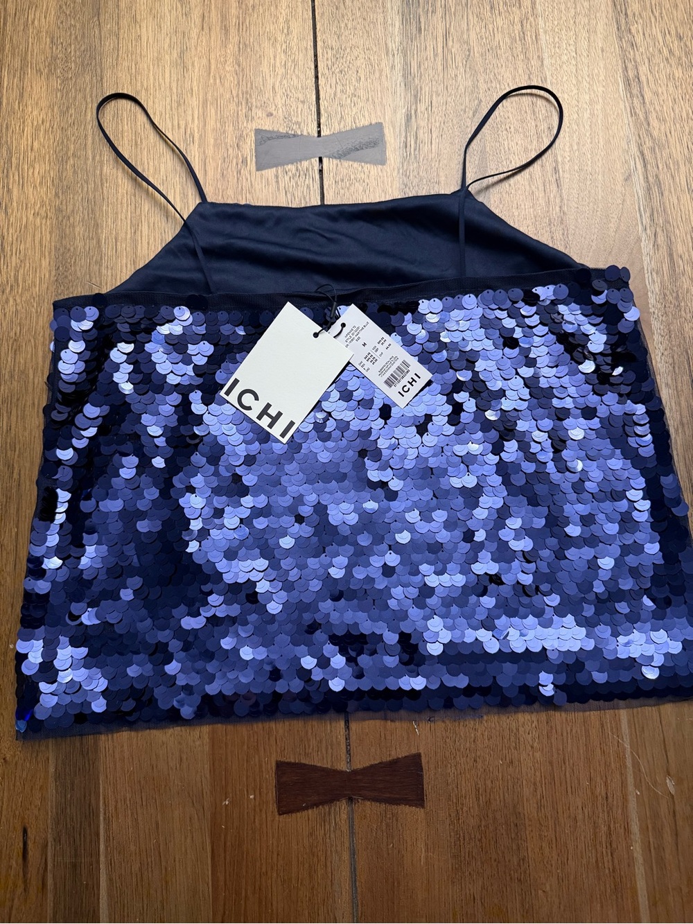 ICHI Navy Sequin Spaghetti-Strap Top